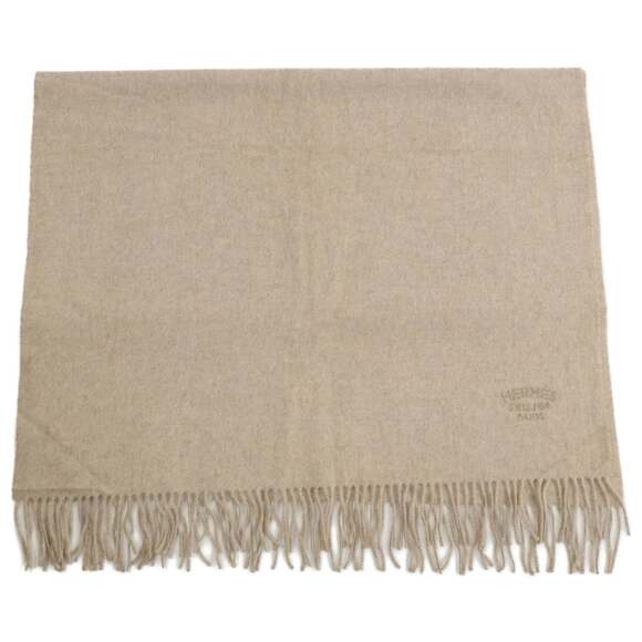 HERMES Logo Embroidered Cashmere Fringe Scarf Beige Women's